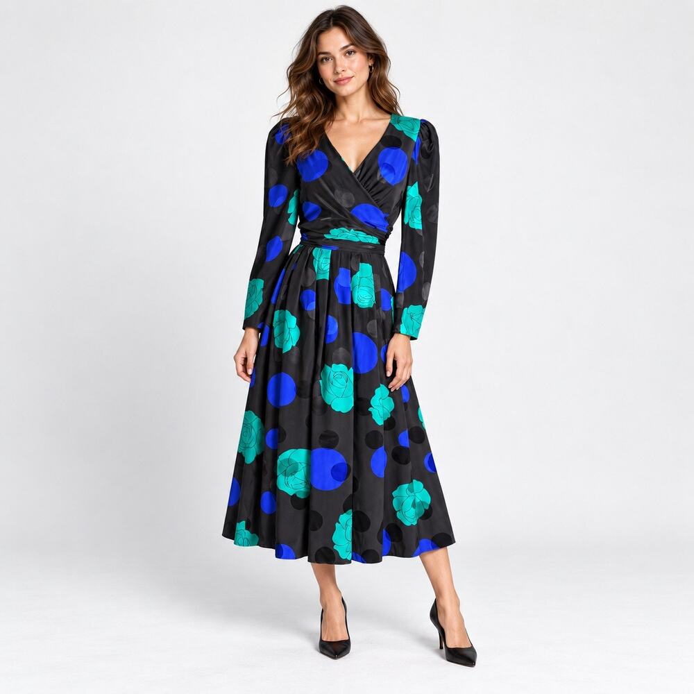 Vintage 80s Morton Myles Silk Dress S Black Blue Teal Floral Polka Dot Midi